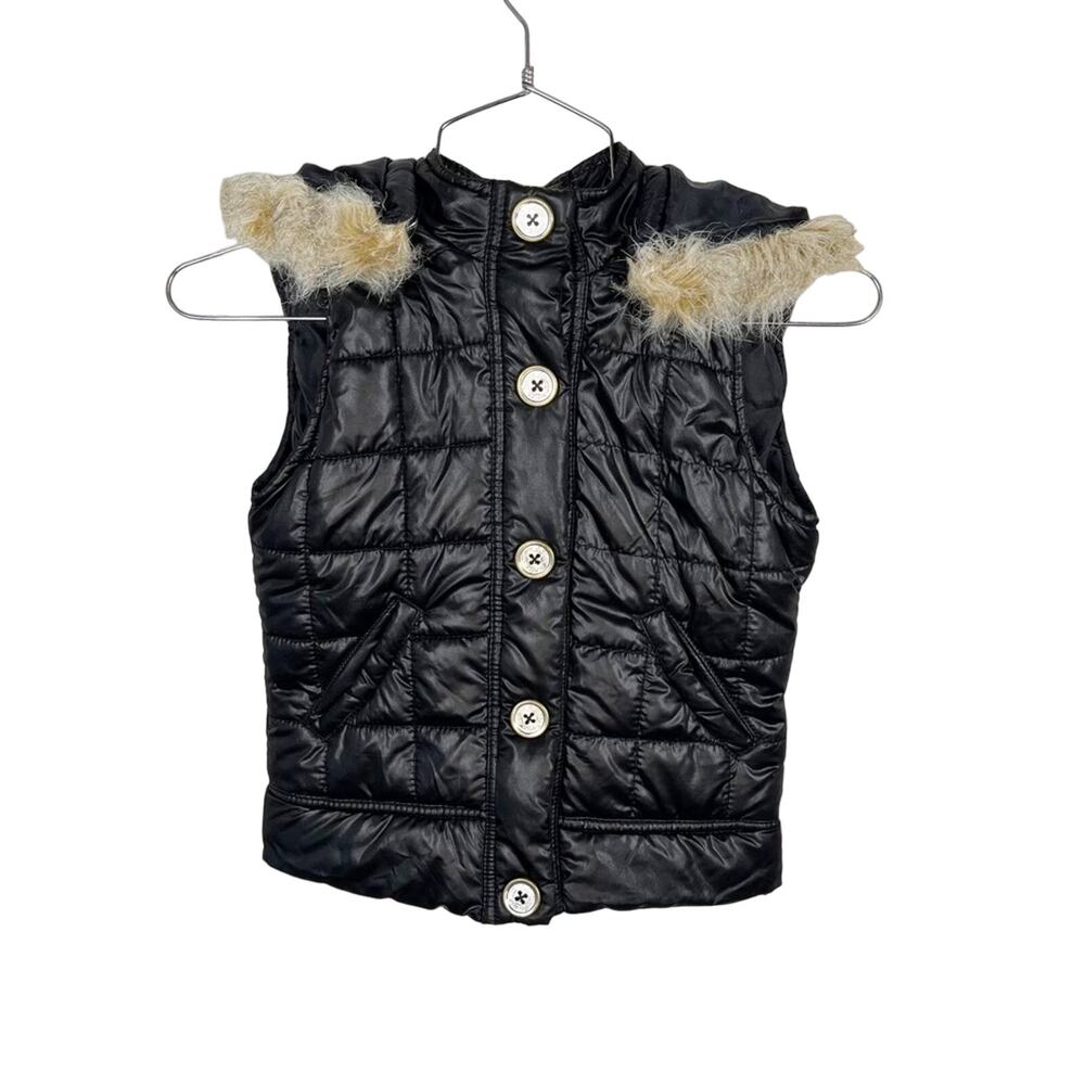 JUSTICE | Black Shiny/Metallic Quilted Puffer Vest with Faux Fur Hood